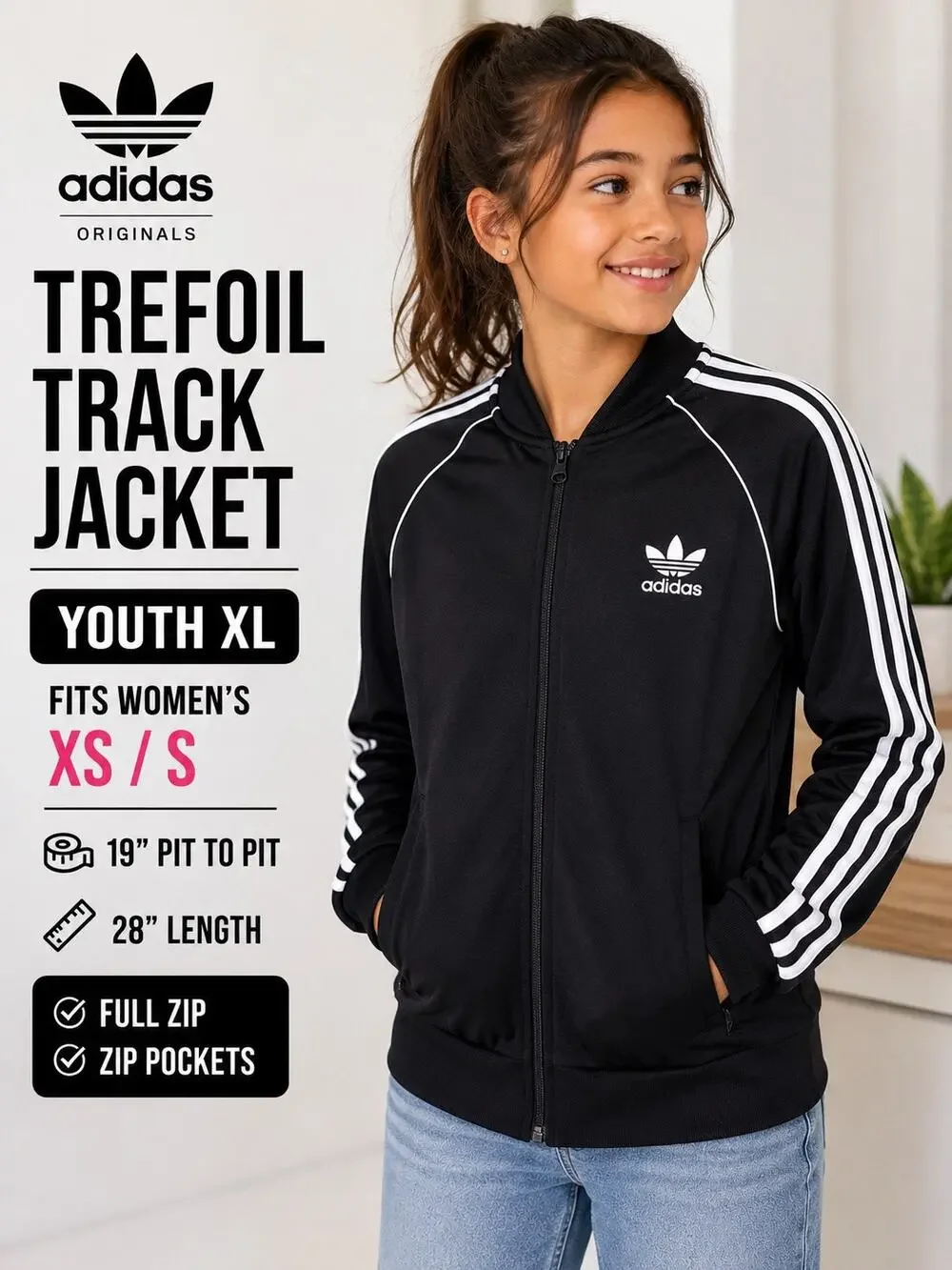 Adidas Originals Trefoil Track Jacket Youth XL Fits Women’s XS/S Black